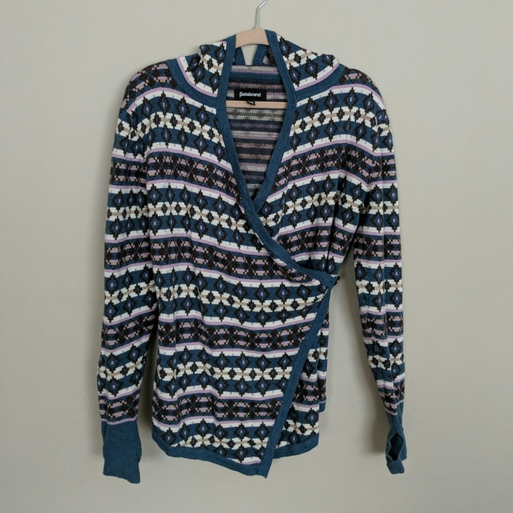 Betabrand fair isle mission wrap sweater
